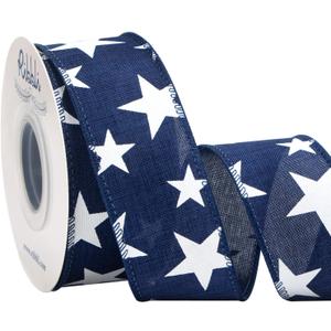 Ribbli Patriotic Ribbon Wired Navy with White Star 1-1/2 Inch x 10 Yard Red White Blue Ribbon for Wreaths,Crafts,Big Bows,Gift Wrapping, 4th of July, Independence Day, Memorial Day