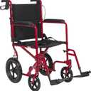 Drive Medical EXP19LTRD Lightweight Expedition Folding Transport Wheelchair with Hand Brakes, Ultra Lightweight Transport Chair for Seniors and Adults, Red