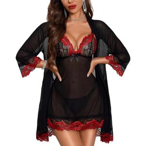 RSLOVE Women Sexy Lingerie , Lace Kimono Robe Strap Chemise Sleepwear Mesh Nightgown (Large, Black&red) RSLOVE Women Sexy Lingerie , Lace Kimono Robe Strap Chemise Sleepwear Mesh Nightgown (Large, Black&red)