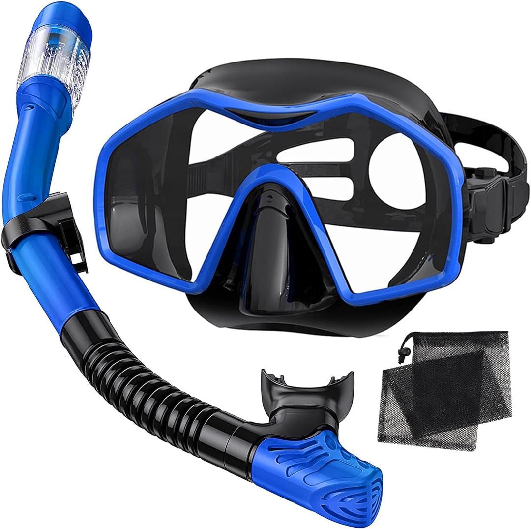 Keephigher Snorkeling Gear for Adults,Dry-Top Snorkel Mask Set with Tempered Glass,Anti-Fog & Anti-Leak Panoramic Swim Mask,Adjustable Snorkel Kit with Carry Bag for Scuba Diving,Swimming,Travel (Blue)