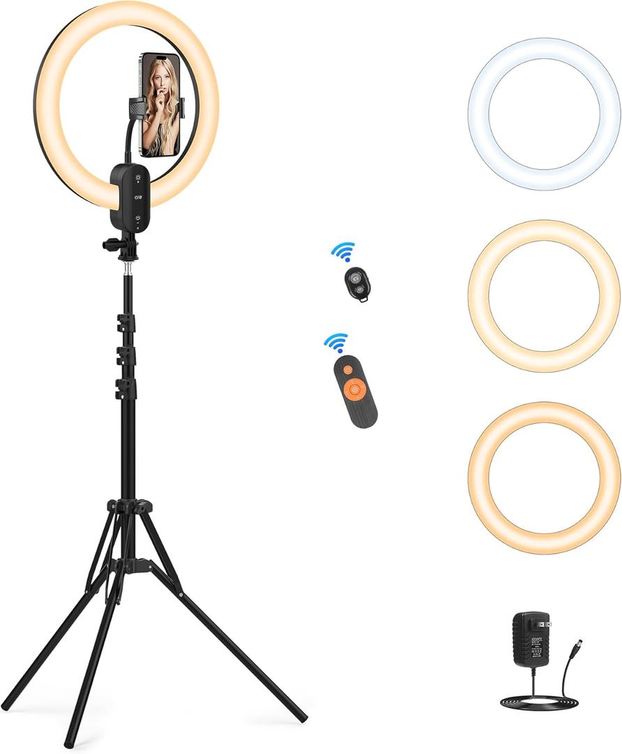 12" Selfie Ring Light with 63" Tripod Stand/Phone Holder, QEUOOIY 20W LED Circle Lights Dimmable 3000-6500K with Remote Control and Built-in Rechargeable Battery for Vlog, Makeup, YouTube, Camera