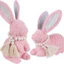 DR.DUDU 2 Pack Woven Bunny Easter Decor - Bunny Decorations for Home, Spring Rabbit Figurines for Shelf Table Centerpiece (Pink)