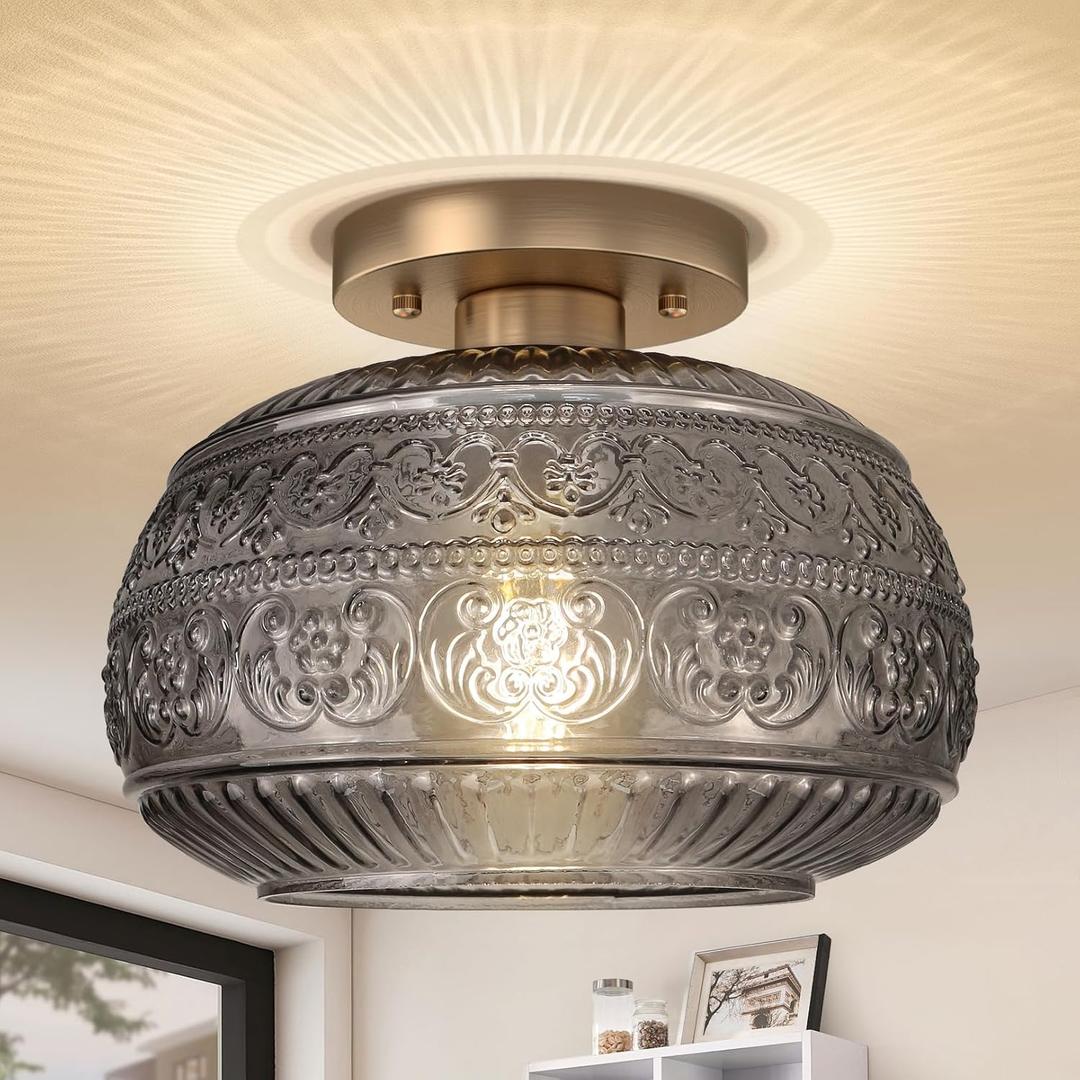 Semi Flush Mount Ceiling Light Fixture, 11" Vintage Gold Hallway Lights Fixture Ceiling with Grey Glass for Kitchen, Hallway, Bathroom and Entry Way,Compatible with E26 Light Bulb