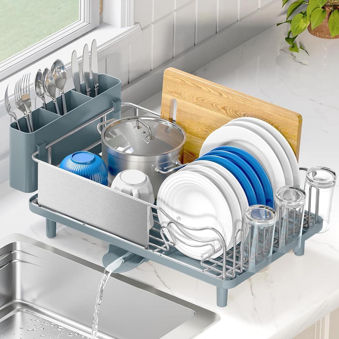 Stainless Steel Dish Drying Rack - Large Capacity 304 Grade Dish Drainer for Kitchen Counter with Drain Board, Utensil Holder & Detachable Cup Shelf, Rustproof Multifunctional Organizer, Pale Blue