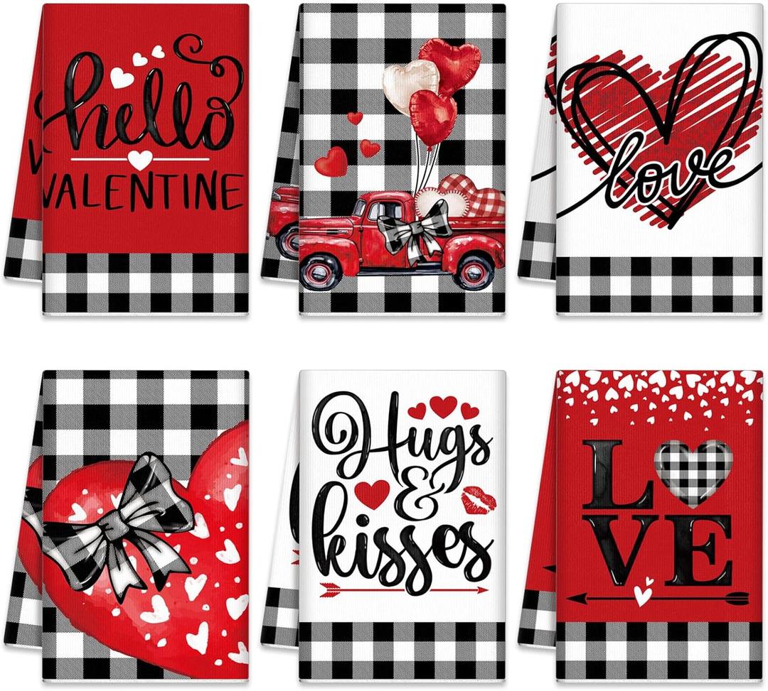SmoothNovelty 6 Pcs Valentine's Day Kitchen Towels Hello Valentine Hand Bathroom Towels Decorative Tea Dishtowels Valentines Kitchen Decor for Holiday Decorations Housewarming Gifts(Red, Heart)