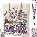 yuboo Teacher Appreciation Gifts for Women, Teacher Tote Bag with Lanyard Badge Holder and Keychain Set, Aesthetic Floral Canvas Bags for Teachers, End of School Year Birthday Gifts