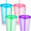 Nuogo 4 Pieces Insulated Double Wall Plastic Tumbler with Lids and Straws Reusable Transparent Plastic Cup 16 oz Tumbler Bulk for Coffee Drinks Milk Tea Juice, Pink, Blue, Green, Purple