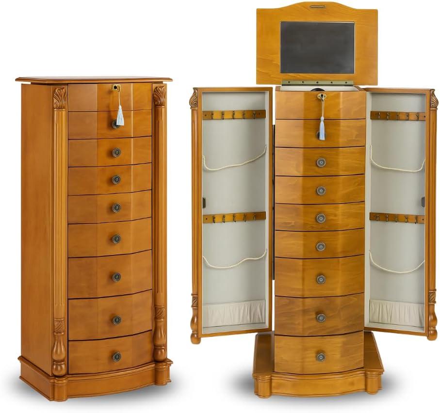 Hives and Honey Florence Jewelry Armoire  Jewelry Storage Organizer with 8 Felt-Lined Drawers, Vanity Mirror, Ring Rolls, Tangle-Free Necklace Hooks, Locking Lid (Walnut)