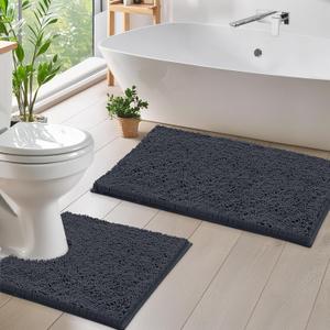 LuxUrux Bathroom Rug Set 2 Piece, Soft Absorbent Cheinlle Microfiber Bath Mat with Contour Toilet Rug, Non-Slip, Machine Wash Dry, Plush Shaggy Mats for Bathroom (20"x 30"+20"x 20" U-Shaped Charcoal)
