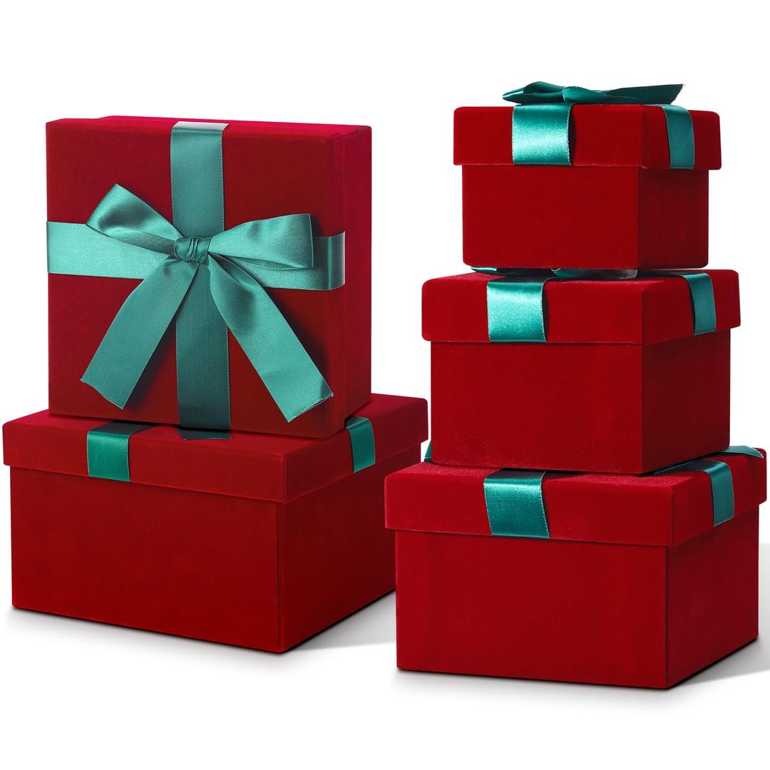 5 Pcs Christmas Nesting Gift Boxes with Lids Velvet Square Assorted Sizes Small Favor Boxes for Gift Decorative(Red)
