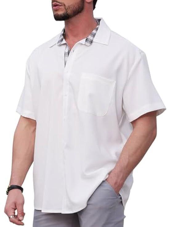 HUNGSON Men's Button Down Shirts Short Sleeve Casual Shirts Summer Beach with Pocket Medium