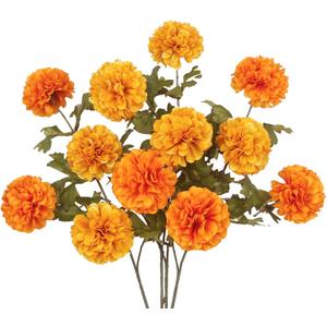CISDUEO 4 Pcs Artificial Marigold Flowers Artificial Chrysanthemums Ball Flowers Orange Silk Mums Fall Branches for Home Decor Floral Arrangement Autumn Table Centerpiece