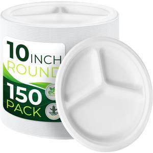 150-Piece 100% Compostable 10in Paper Plates, 3-Compartment Heavy Duty Disposable Eco-Friendly Biodegradable Sugarcane Fiber Plates (White)