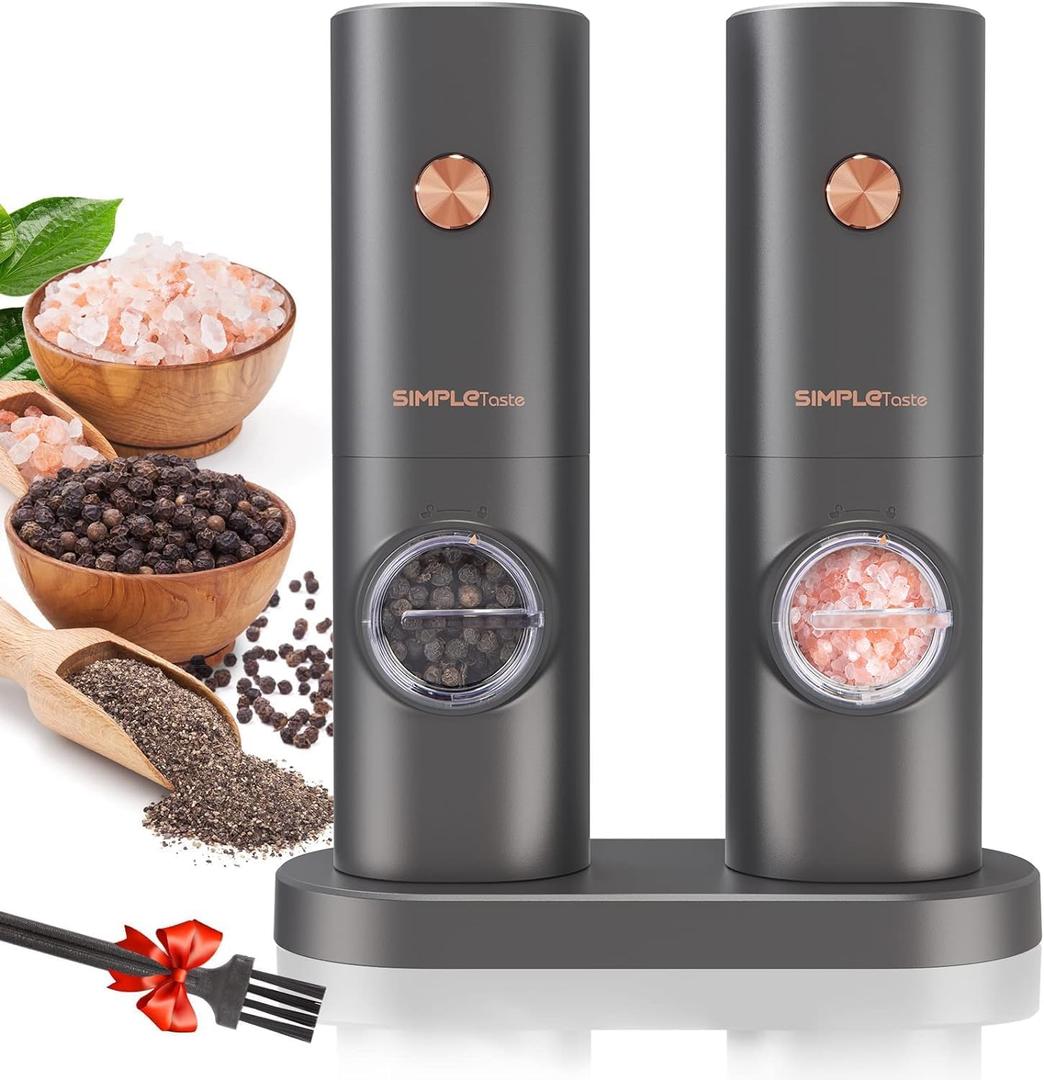 SIMPLETASTE Electric Salt and Pepper Grinder Set, One-Handed, Battery Powered, Adjustable Coarseness, LED Light, Pepper mills with stand, Seasoning Tools for Kitchen, Dining or Gifting (Space Gray)