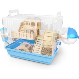 Cycodo 8 in 1 Acrylic Hamster Cage,2-Tier Dwarf Hamster Cage with Wooden Wheel & Hideout,Small Hamster Habitat with Accessories, Clear Pet Mice House(Blue,14" L*10" W*11" H)