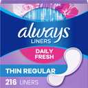 Always Daily Fresh Thin Liners, Regular Absorbency, Unscented Panty Liners, 216 Count