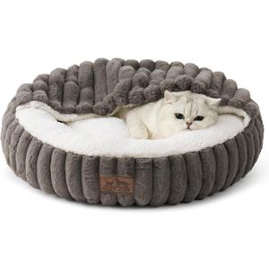 Cat Bed with Hooded Blanket, Round Fluffy Anti-Anxiety Pet Bed for Cats/ Small Dogs, Cozy Donut Cuddler with Machine Washable Faux Fur & Anti-Slip Bottom (23"×23"×6", Grey)