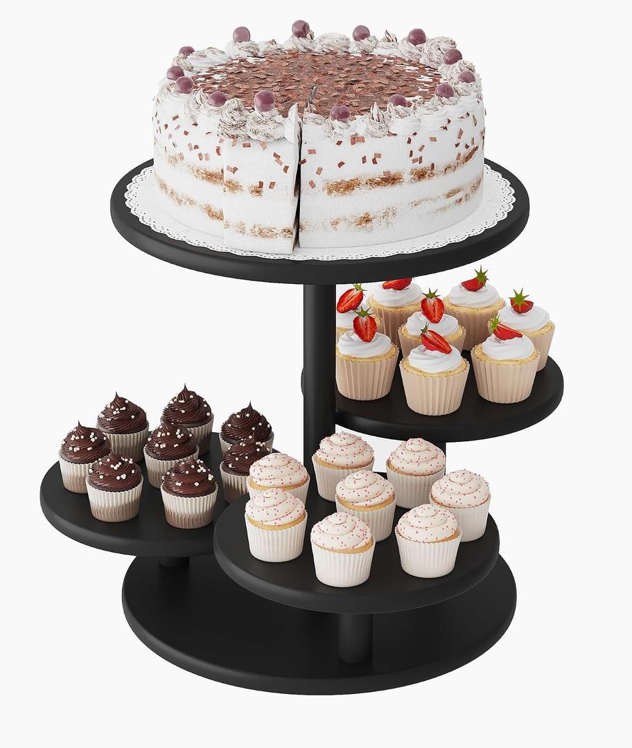 Cupcake Stand, 4 Tier Round Bamboo Wood Black Cupcake Tower Stand for 50 Cupcakes, Tiered Serving Trays, Wood Cake and Cupcake Stand (Black_Bamboo)