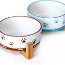 YUN TAO 3.5 Cups Pet Bowls Set of 2 for Medium Dogs,Ceramic Pet Food Water Dish Feeding with Wooden Stand,Cute Puppy Pet Dishes,Includes Non-Slip Silicone Mat