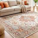 9x12 Area Rugs for Living Room, Machine Washable Boho Vintage Rug, Waterproof Surface & Non-Slip Backing, Foldable Soft Low Pile Floral Medallion Carpet for Bedroom Dining Room (Orange)