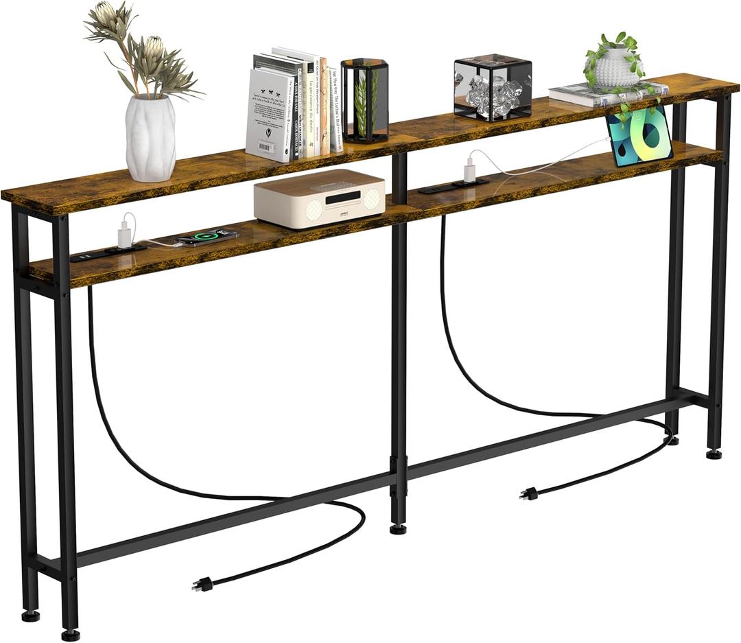 Keelian 70 Inch Double-Layer Narrow Console Sofa Table with 2 Power Outlets&4 AC Plugs&4 USB Ports, 4.9' Extension Cord Included, Behind Couch Table for Living Room/office Easy Assembly - Rustic Brown