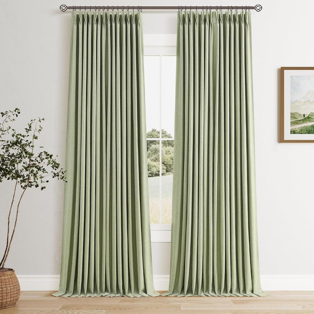 Sage Green Pinch Pleated Linen Blackout Curtains 90 Inches Long for Living Room Bedroom 100% Blackout Drapes with Pinch Pleat Hooks Rings Soundproof Double Layer Room Darkening Window Treatments (40"W x 90"L (Pack of 2))