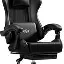 HLDIRECT Gaming Chair, Ergonomic Computer Office Chair with Lumbar Support Footrest Headrest, Adjustable Height & Backrest Angle Video Gamer Chair, PU Leather, 360 Swivel, Adult (Black)