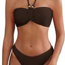 ZAFUL Women's Halter Bandeau Bikini Beaded Tie Back String Bikini Set Push Up Two Piece Swimsuit Bathing Suits (Large, 1-deep Brown)