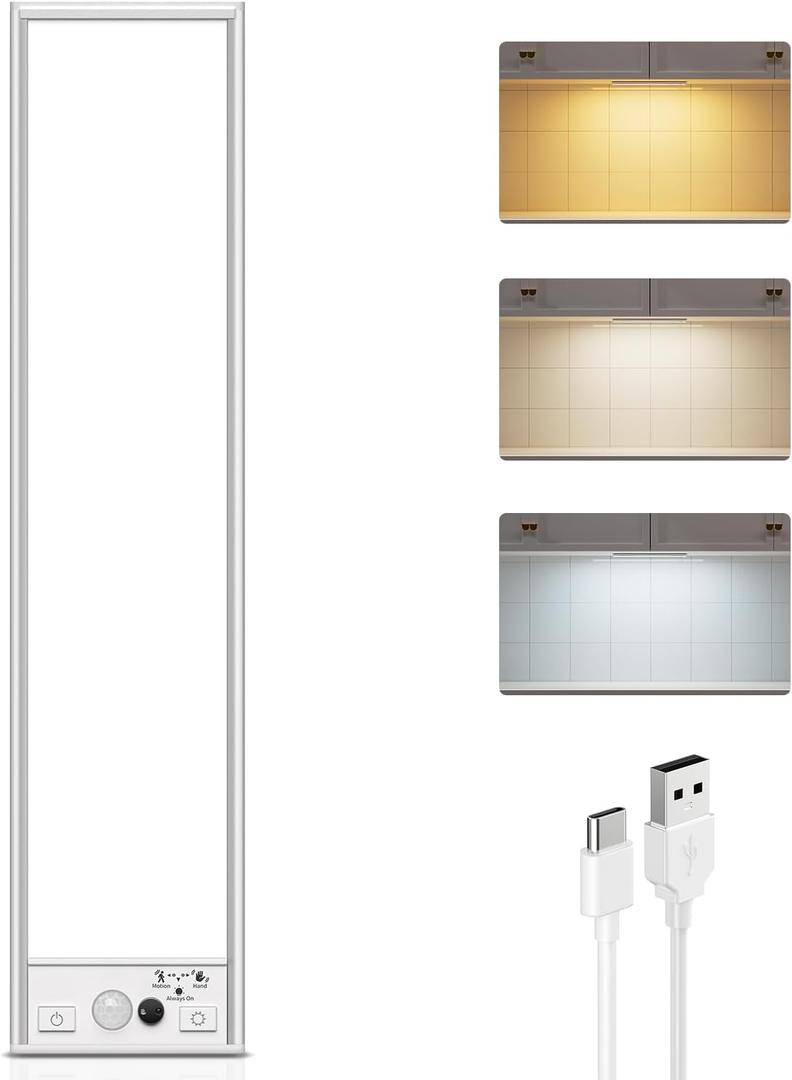 Under Cabinet Lighting Wireless,750LM Ultra-Bright Hand Wave Motion Sensor, 6000mAh Rechargeable Battery Longer Lasting Time Pantry Lights,3 Colors Dimmable Closet Light for Kitchen,Wardrobe,Stairs (1 Pack, White-12 Inch)