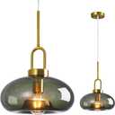 Gray Green Glass Pendant Lights Kitchen Island Gold Pendant Light Fixtures Adjustable Height Modern Pendant Lighting for Bedroom Dining Room (1-Pack)