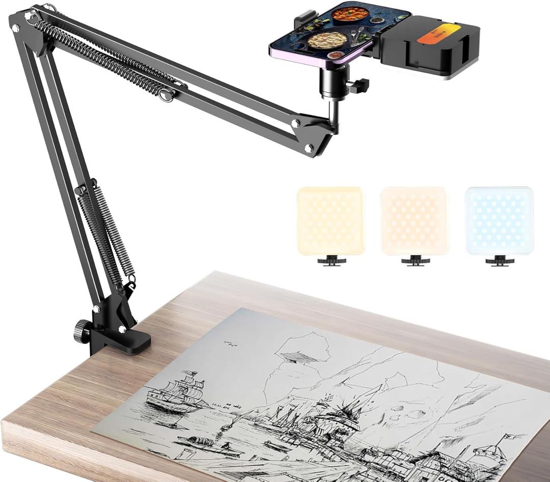 Overhead Phone Mount with Rechargeable Light for iPhone, Desk Tripod with Clamp for Content Creator Camera Recording, Top Down Holder Stand for Filming/Live/Cooking/Unboxing/Drawing/YouTube/TikTok