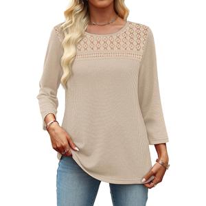 OFEEFAN 3/4 Length Sleeve Womens Tops Spring Fall Fashion 2026 Dressy Casual Blouses Lace Trendy Waffle Knit Shirts, Medium