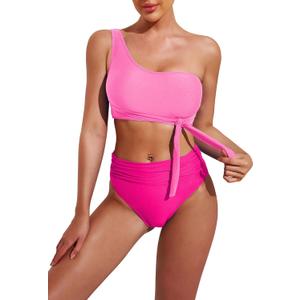 Pink Queen Women's One Shoulder High Waisted Bikini Set Two Piece Tie Ruched Swimsuit S