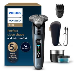 Philips Norelco Shaver i9000, Wet & Dry Electric Shaver, Taubenblau, SenseIQ Technology, Triple Lift & Cut System, 360 Rotating Dual SteelPrecision Precision Blades, Beard Styler, Model X9001/91 (i9000 + QCP & Trimmer, Gray)