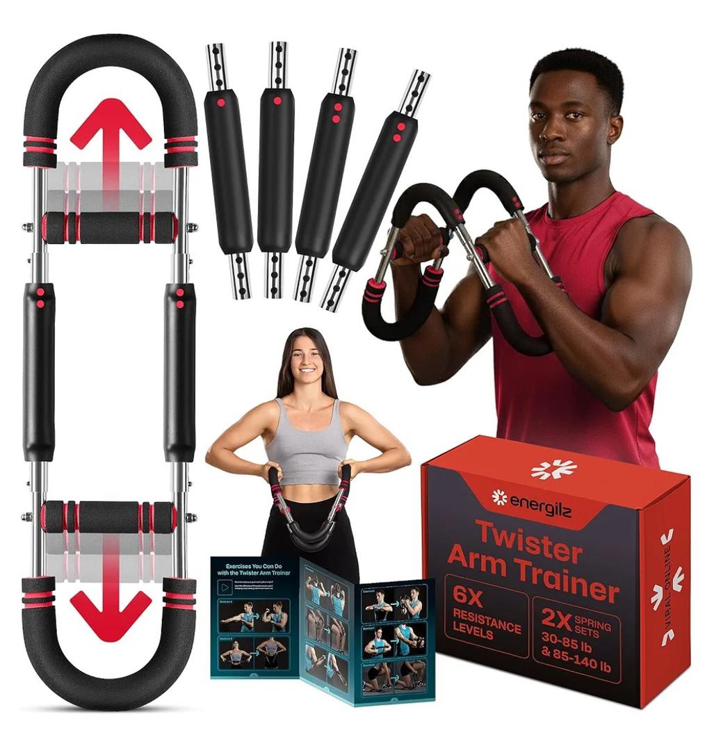 Twister Arm Trainer | Chest Workout Equipment Also for Biceps, Shoulders, Forearms, Back, Legs; Arm Chest Trainer for Men, Women, Beginners, Pros | 2 Spring Sets, 6 Resistance Levels (Blue)