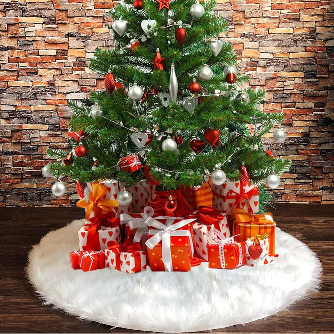 Snowy White Plush Christmas Tree Skirts, 60 inches Luxury Plush Long Haired Faux Fur Xmas Tree Base Cover Mat for Xmas New Year Home Party Decorations (60 inches, Pure White)