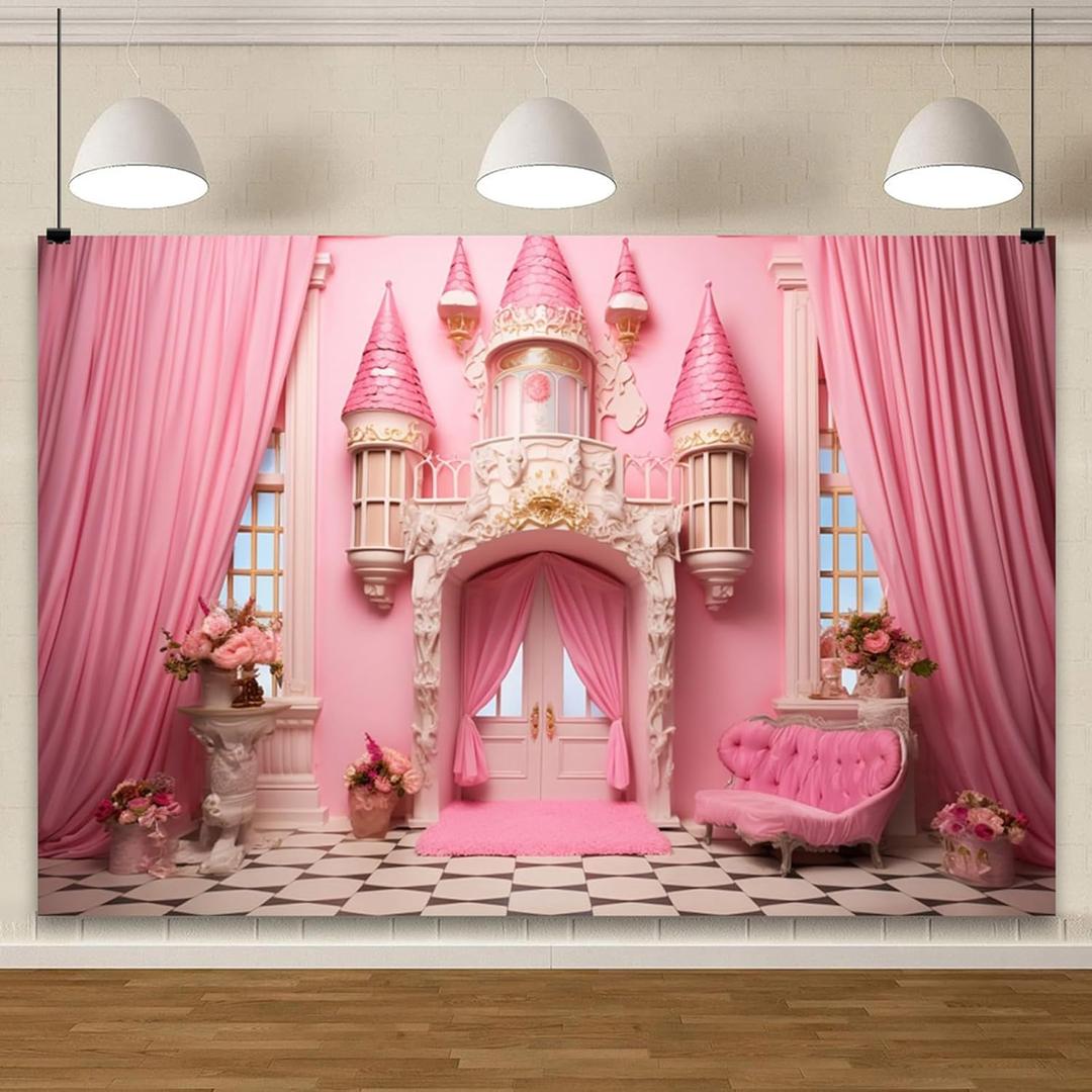 YongFoto Pink Princess Castle Backdrop 10x7ft Sofa Flowers Vases Curtain Door Room Interior Photography Background Girl Baby Kids Birthday Wedding Baby Shower Party Banner Living Room Decor