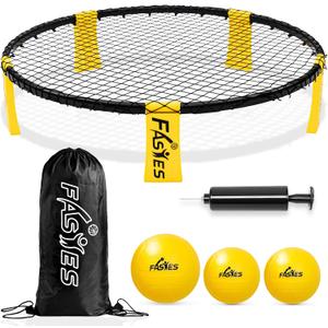 Outdoor Beach Ball Game Includes 3 Balls, Net and Carrying Bag -Roundnet Game Set for Adults, Kids, and Family - Perfect for Beach, Yard, Lawn, Backyard, and Park (Black and Yellow)