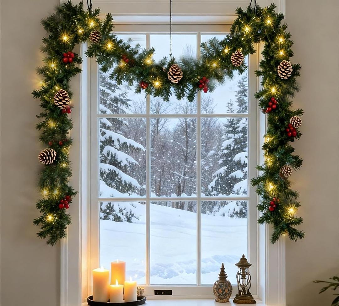 9FT Christmas Garland with Lights, Pre-Lit Lighted Christmas Decorations for Mantle Fireplace Table Stairs Winter Indoor Outdoor Xmas Home Decor,Realistic Cedar Pine Garlands with Pinecone Berries