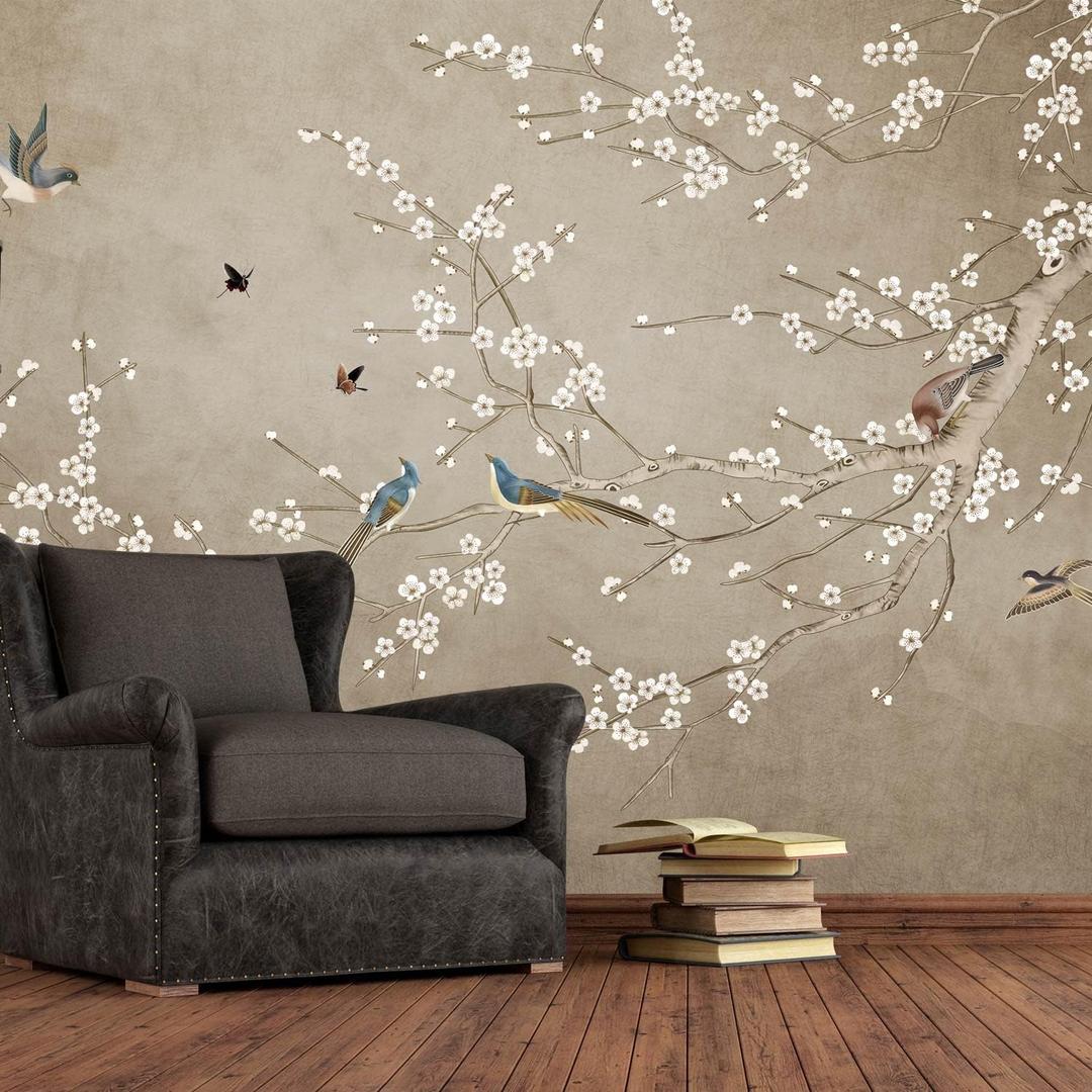 Bormia Chinoiserie Wallpaper Plum Flowers and Birds Wall Mural Wallpaper for Living Room Bedroom(Not Peel n' Stick) (195" x 120")