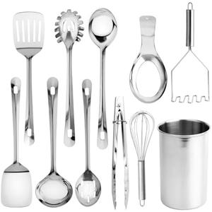 COOK WITH COLOR Kitchen Utensil Set - 9-piece premium Nonstick & Heat Resistant Kitchen Gadgets, Turner, Spaghetti Server, Serving Spoons, Whisk, Tongs, Masher & Utensil Holder, Stainless Steel