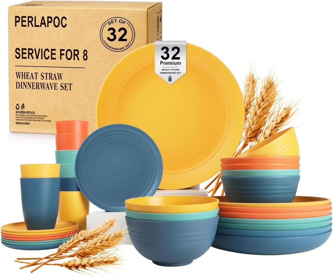 Wheat Straw Dinnerware Sets, Plates and Bowls Sets Unbreakable & Microwave Safe - 32 Piece Service for 8 Dinner Plate Dessert Plate Cereal Bowl Cup for Kitchen & Outdoor - Multi
