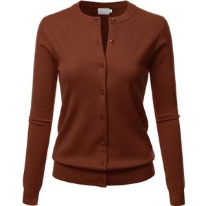 LALABEE Women's Crew Neck Gem Button Long Sleeve Soft Knit Cardigan Sweater Mocha S