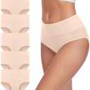 coskefy Women's High Waisted Cotton Underwear Soft Breathable Panties Stretch Briefs Ladies Panties 5 Pack, Size M, Beige
