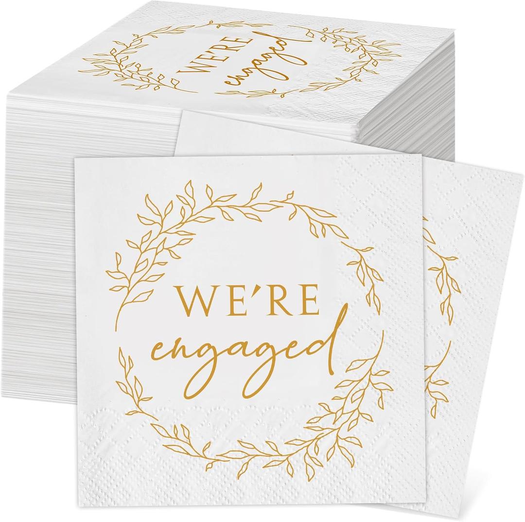 Kosiz 100 Pack We're Engaged Napkins Gift 3 Ply Disposable Paper Engagement Cocktail Napkins for Wedding Party Beverage Dinners Cake Tableware Decorations, 4.5 x 4.5 Inch
