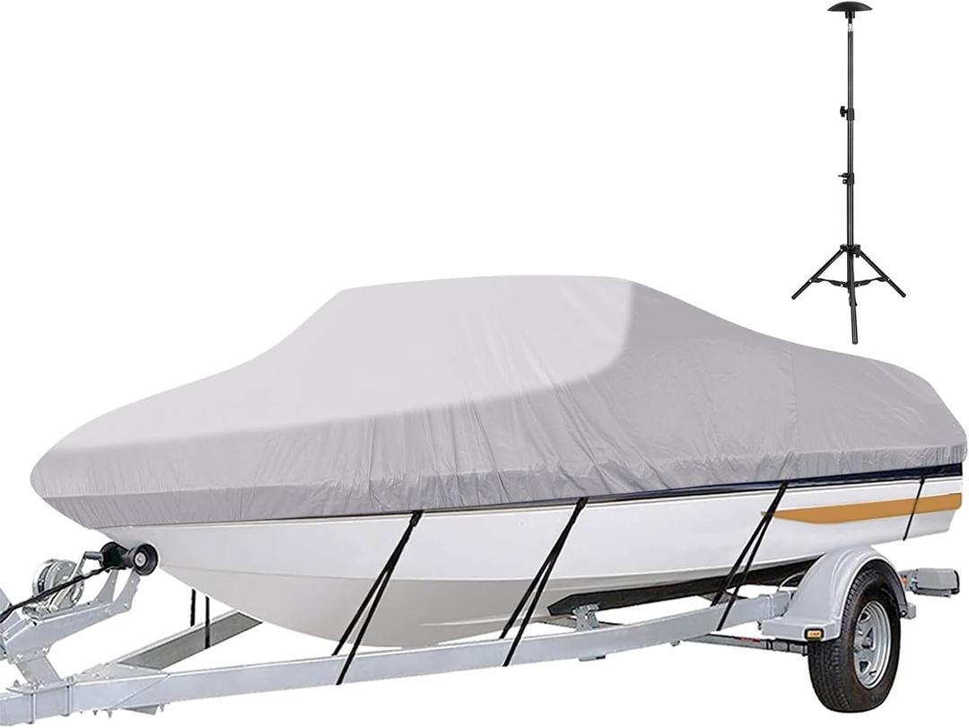 iCOVER Trailerable Boat Cover with Support Pole- 16'-18.5' Heavy Duty Waterproof Tarp Covers, Fits V-Hull, Fish&Ski, Pro-Style, Fishing, Runabout, Bass Boats, up to 16ft-18.5ft Long X 94" Wide (Grey)