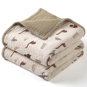 lulumoon Muslin Baby Blanket for Boy- Cotton Quilt Blankets for Toddlers - Reversible Crib Blanket for Nursery Daycare 47"x47"(Olive Dinosaur)