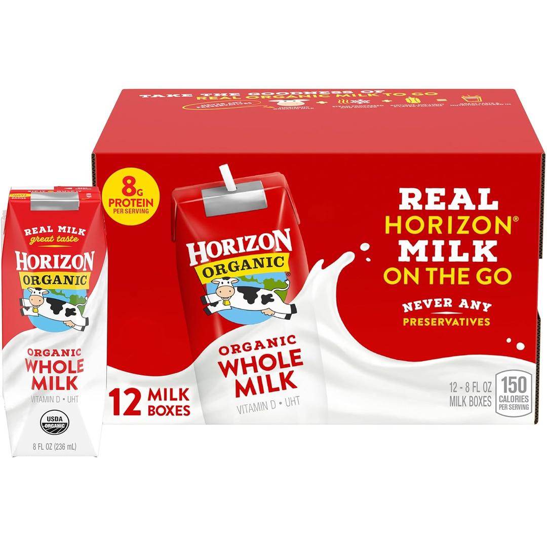 Horizon Organic Shelf Stable Whole Milk Boxes, Pack of 12 - 8g Protein per Serving (EXP 09/15/26)