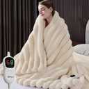 HaloRest Heated Blanket Full Size, Faux Fur Cozy Heating Blanket with Overheat Protection, 1/2/4/6/8 Hours AutoOff 10 Heat Level, Machine Washable (72x84 Inches, Cream White)