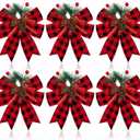 Syhood 6 Pcs Christmas Bows with Pine Cones Pine Needles Xmas Velvet Bows Black and Red Ribbon Christmas Tree Wreath Decoration for Xmas Parties Indoor Outdoor Crafts DIY Decor